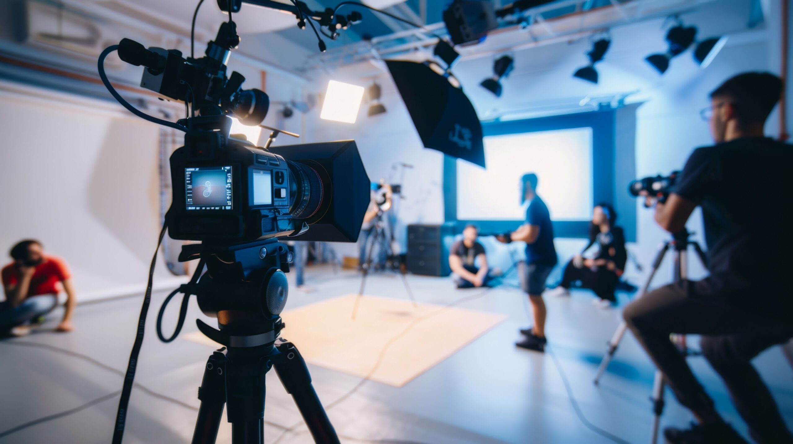 Filmproduktion mit Team im Studio: Kameras, Licht und technisches Equipment