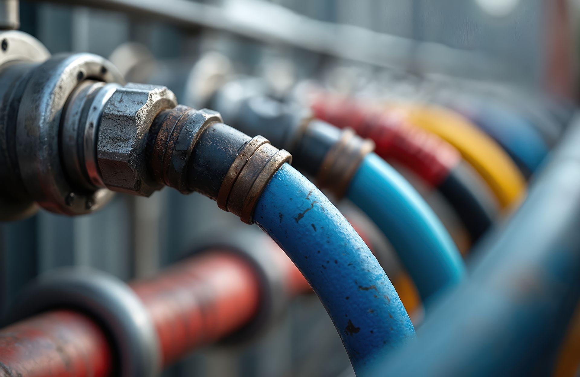 Nahaufnahme von bunten Hydraulikschlaeuchen mit Metallkupplungen – Symbolbild fuer hydraulische Geraetebetaetigung