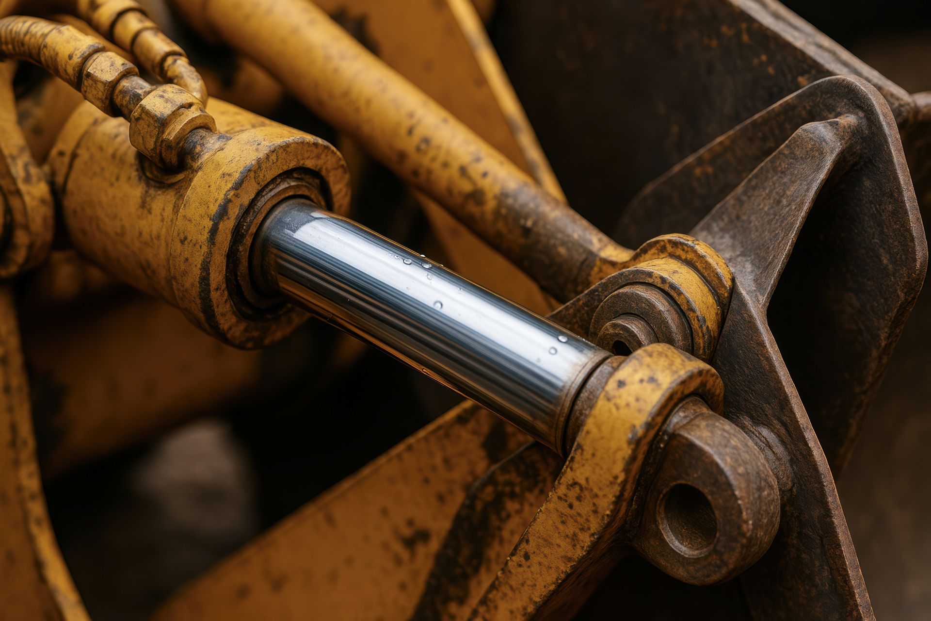 Detailansicht eines Hydraulikzylinders an gelber Baumaschine – Einsatz hydraulischer Geraetebetaetigung im Bauwesen