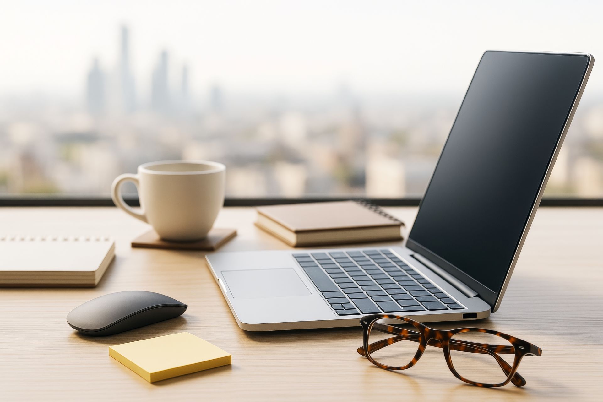 Strukturierter Arbeitsplatz mit Laptop, Notizblock und Kaffeetasse als Symbol fuer moderne Online Seminarverwaltung